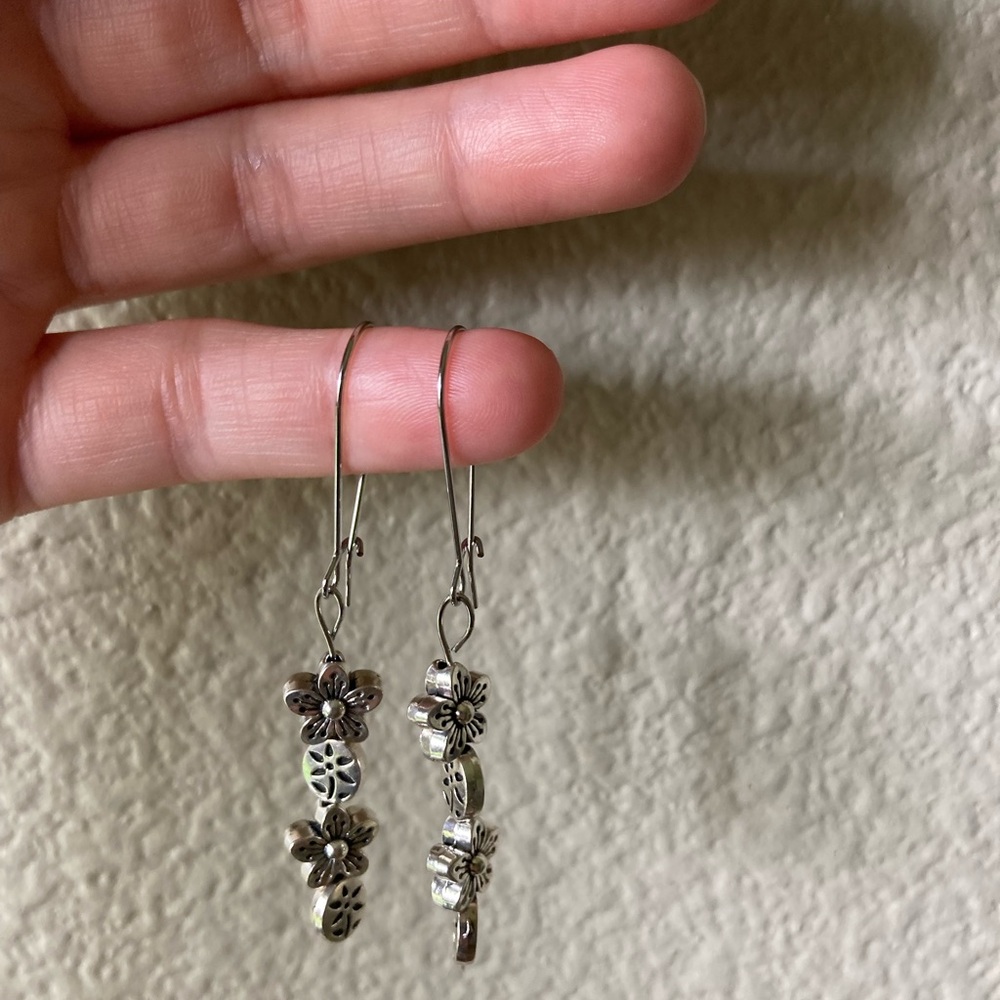 Silver Toned Metal Floral Drop Earrings - Picture 2 of 5